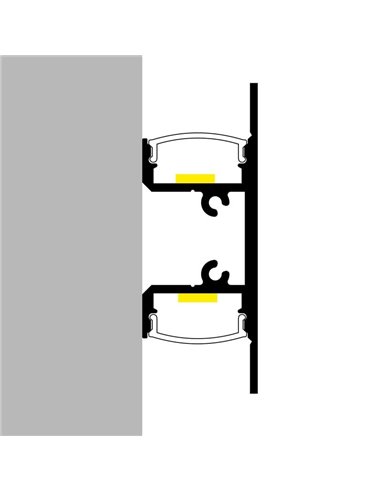 Perfil de pared lacado negro doble para tiras LED arriba y abajo GOTE 2 metros con grapas, doble difusor y tapas, 18x48,3mm, LM3