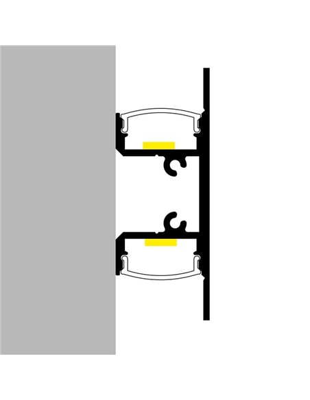 Perfil de pared lacado negro doble para tiras LED arriba y abajo GOTE 2 metros con grapas, doble difusor y tapas, 18x48,3mm, LM3