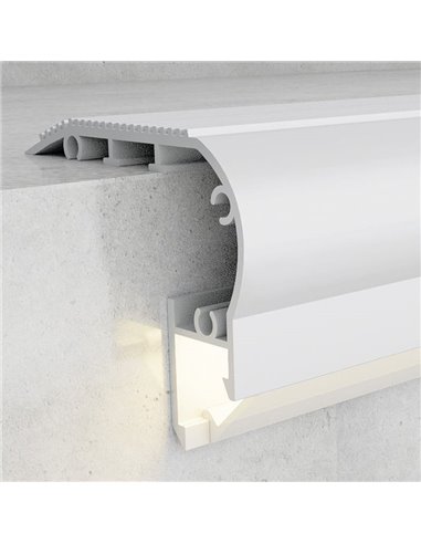 Perfil de escalera aluminio KUF para tiras LED 2 metros completo con tapas y con difusor, 58x40mm, LM3819