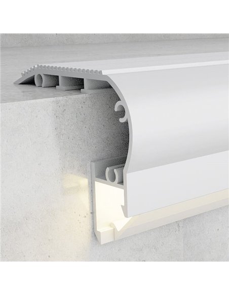 Perfil de escalera aluminio KUF para tiras LED 2 metros completo con tapas y con difusor, 58x40mm, LM3819