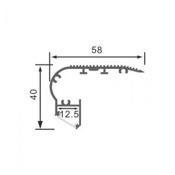 Perfil de escalera aluminio KUF para tiras LED 2 metros completo con tapas y con difusor, 58x40mm, LM3819