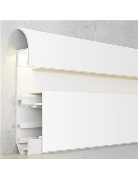 Perfil de rodapé MUYE laqueado branco para fitas de LED de 2 metros, com tampas de extremidade e difusor, 15x84mm, LM3803