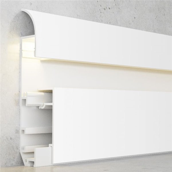 Perfil para rodapié lacado blanco MUYE para tiras LED 2 metros, con tapas y difusor, 15x84mm, LM3803