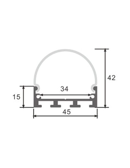 Perfil oval de alumínio para fitas de LED de 2 metros, com tampas de extremidade e difusor redondo, 45x42mm, LM3795