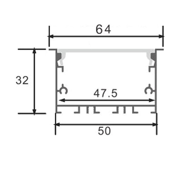 Perfil empotrable de aluminio EPYF para tiras LED 2 metros con tapas y con difusor, 64x32mm, LM3791
