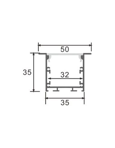Perfil empotrable de aluminio PHEY para tiras LED 2 metros, con tapas y difusor, 50x35mm, LM3785