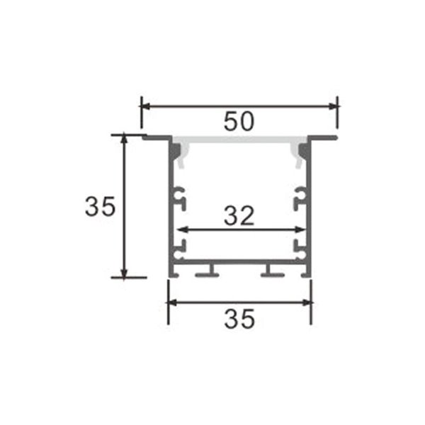 Perfil de alumínio embutido PHEY para fitas de LED de 2 metros, com tampas de extremidade e difusor, 50x35mm, LM3785