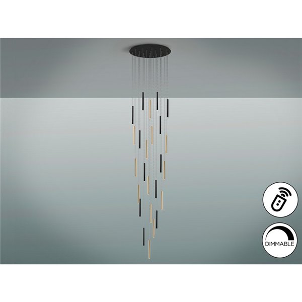 Luminária de teto VARAS com 25 LEDs, 125W, 11250 lm, 3000K, dimerizável + controle remoto, IP20, dourada/preta.