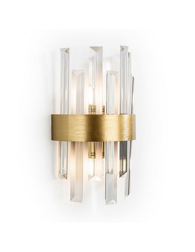 Luminária de parede GRACE com 2 lâmpadas, barras de vidro transparente em formato de prisma, 2 LEDs G9, dourada.