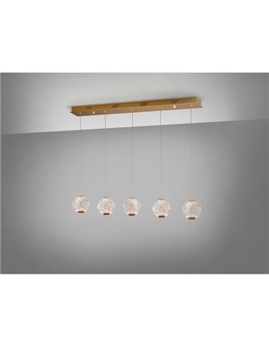 Luminária de teto AUSTRAL com 5 lâmpadas, cúpulas de cristal lapidado, LED de 26W e 1264 lm, cor dourada.