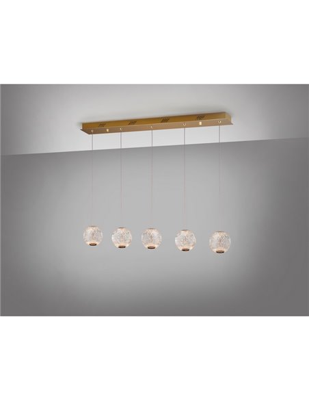 Luminária de teto AUSTRAL com 5 lâmpadas, cúpulas de cristal lapidado, LED de 26W e 1264 lm, cor dourada.