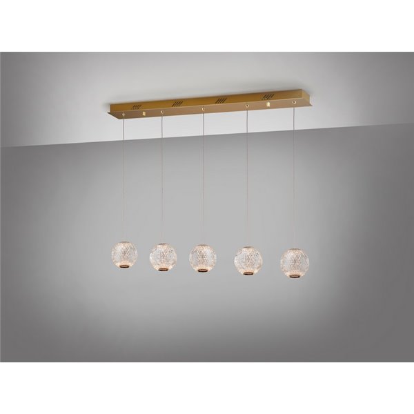 Luminária de teto AUSTRAL com 5 lâmpadas, cúpulas de cristal lapidado, LED de 26W e 1264 lm, cor dourada.