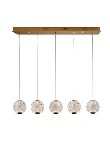 Luminária de teto AUSTRAL com 5 lâmpadas, cúpulas de cristal lapidado, LED de 26W e 1264 lm, cor dourada.