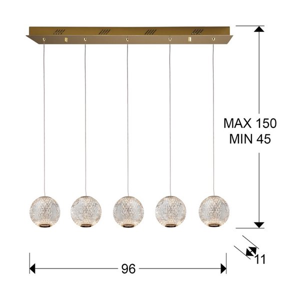 Plafonnier AUSTRAL à 5 lumières, abat-jour en cristal taillé, LED 26 W 1264 lm, couleur or
