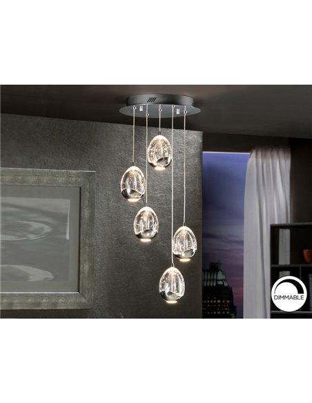 Lámpara de techo ROCÍO 5 luces, tulipas cristal macizo, LED 25W 2400 lm Dimable Cromo