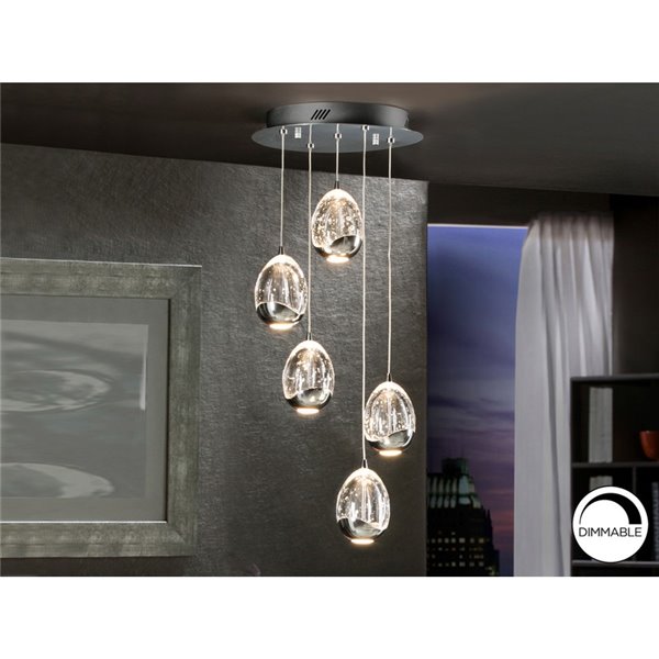 Lámpara de techo ROCÍO 5 luces, tulipas cristal macizo, LED 25W 2400 lm Dimable Cromo