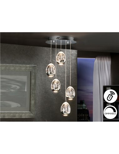 Lámpara de techo ROCÍO 5 luces, tulipas cristal macizo, LED 25W 2400 lm Dimable Cromo