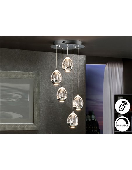 Lámpara de techo ROCÍO 5 luces, tulipas cristal macizo, LED 25W 2400 lm Dimable Cromo