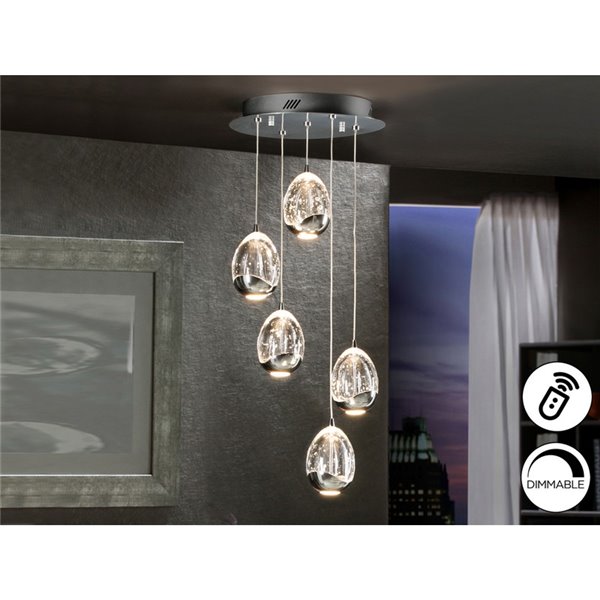 Lámpara de techo ROCÍO 5 luces, tulipas cristal macizo, LED 25W 2400 lm Dimable Cromo