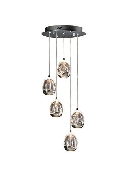 Luminária de teto ROCÍO com 5 lâmpadas, cúpulas de vidro maciço, LED dimerizável de 25W e 2400 lm, cromada.