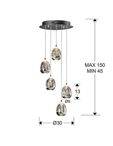 Lámpara de techo ROCÍO 5 luces, tulipas cristal macizo, LED 25W 2400 lm Dimable Cromo