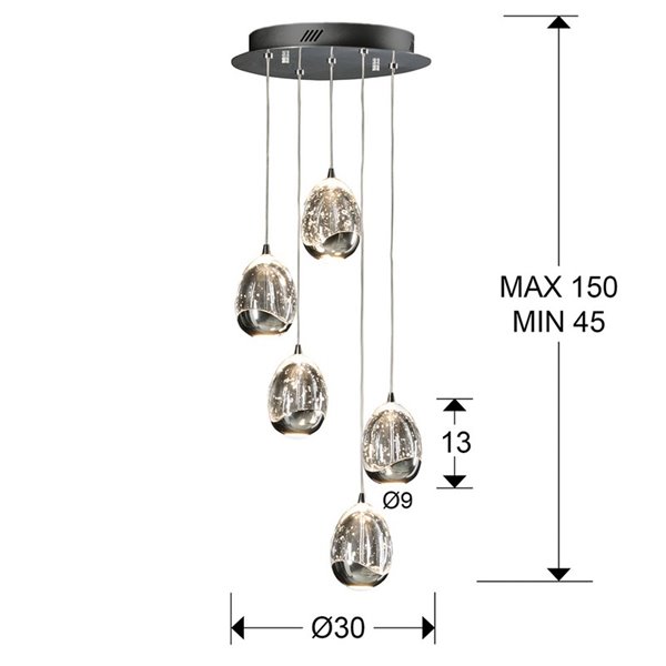 Lámpara de techo ROCÍO 5 luces, tulipas cristal macizo, LED 25W 2400 lm Dimable Cromo