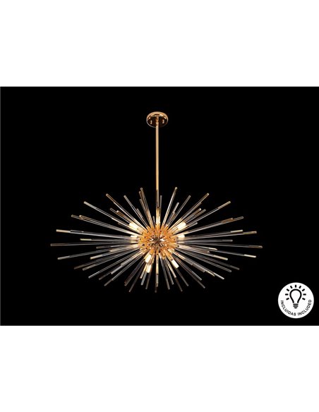 Luminária de teto EVASION, 9 lâmpadas LED G9 54W 4.950 lm, vidro âmbar, acabamento dourado brilhante.