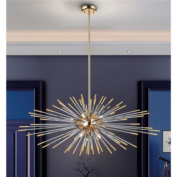 Luminária de teto EVASION, 9 lâmpadas LED G9 54W 4.950 lm, vidro âmbar, acabamento dourado brilhante.