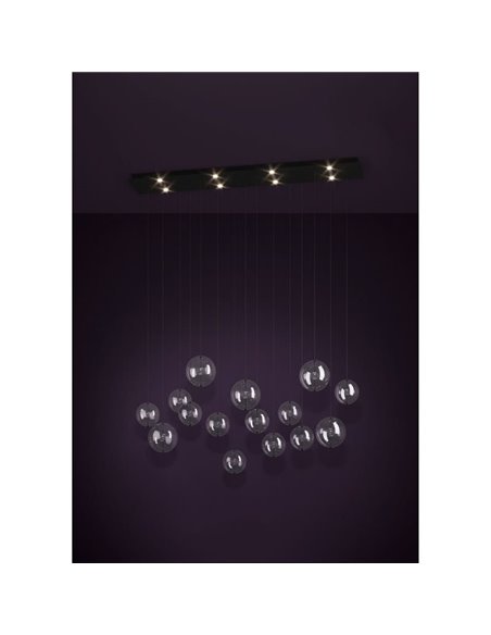 Suspension LED ESPARDELLO grand format, base rectangulaire noire et 15 boules suspendues, 3000K 4000lm