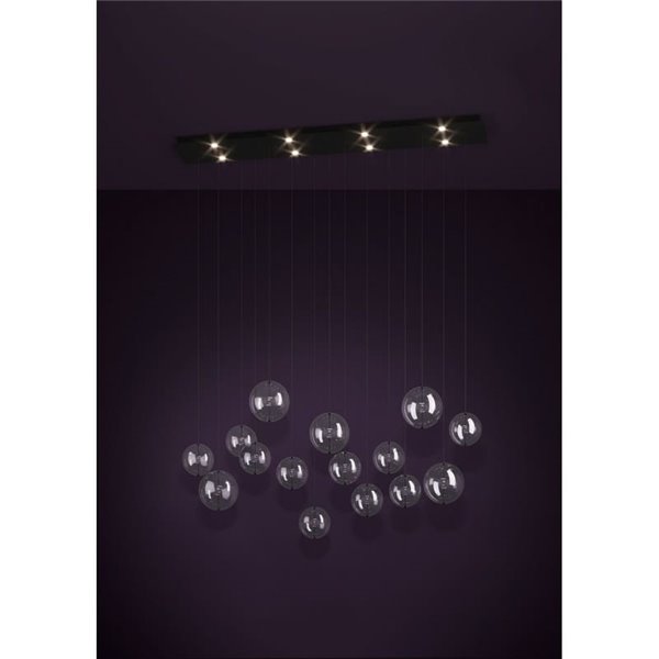 Lámpara LED grande colgante ESPARDELLO, base negra rectangular y 15 bolas colgantes, 3000K 4000Lm