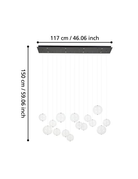 Lámpara LED grande colgante ESPARDELLO, base negra rectangular y 15 bolas colgantes, 3000K 4000Lm