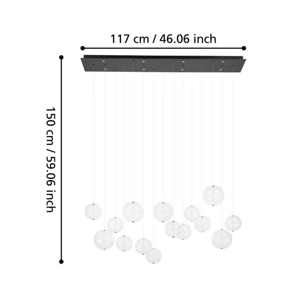 Lámpara LED grande colgante ESPARDELLO, base negra rectangular y 15 bolas colgantes, 3000K 4000Lm
