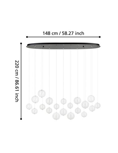 Lámpara LED colgante grande ESPARDELLO ovalada negra con 20 esferas, 3000K 4000Lm