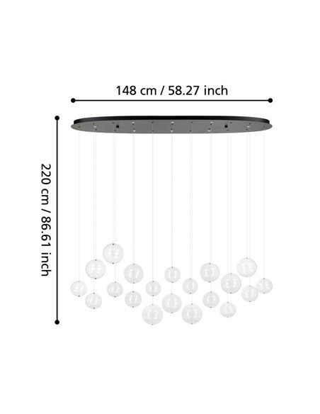 Lámpara LED colgante grande ESPARDELLO ovalada negra con 20 esferas, 3000K 4000Lm
