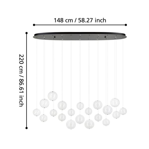Lámpara LED colgante grande ESPARDELLO ovalada negra con 20 esferas, 3000K 4000Lm
