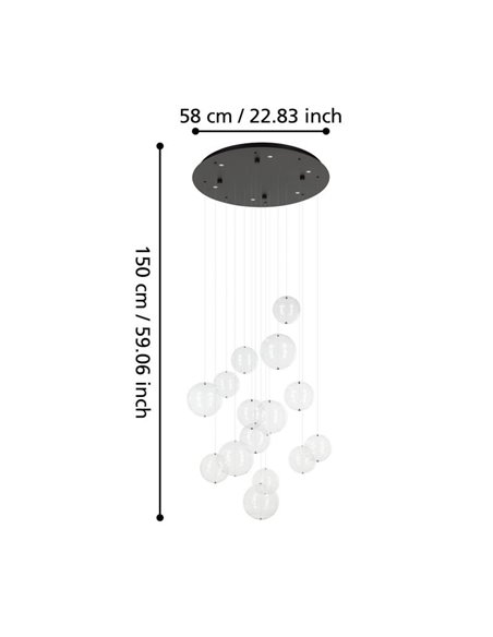 Suspension LED ronde ESPARDELLO noire avec 15 sphères lumineuses, 3000K 3000 lm