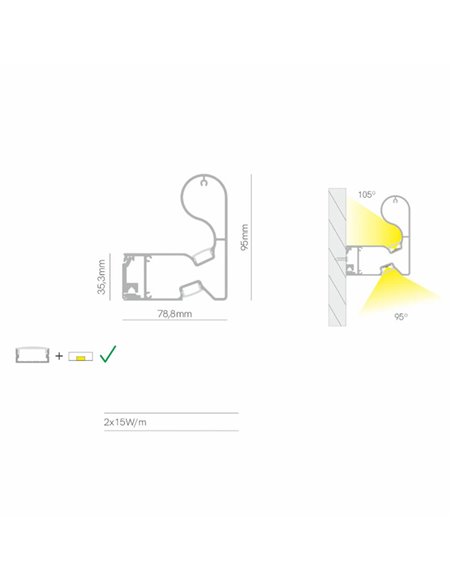 Perfil aluminio/barandilla (para 2 tiras LED arriba y abajo) BOX 98 RAILING blanco 2x15W/m, 2 metros