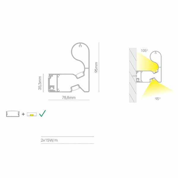 Perfil/corrimão de alumínio (para 2 fitas de LED acima e abaixo) CAIXA 98 corrimão branco 2x15W/m, 2 metros