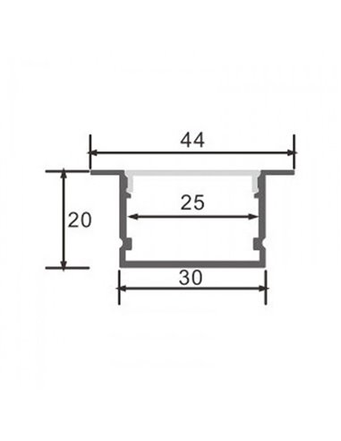 Perfil de alumínio embutido OREB para fitas de LED, 2 metros, com tampas de extremidade e difusor, 20x44mm, LM3781