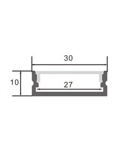 Perfil de aluminio empotrable TRAKE para tiras LED 2 metros con grapas, tapas y difusor, 30x10mm, LM3775
