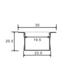Perfil empotrable de aluminio VILKAD para tiras LED 2 metros con grapas, tapas y difusor, 30x20,5mm, LM3771