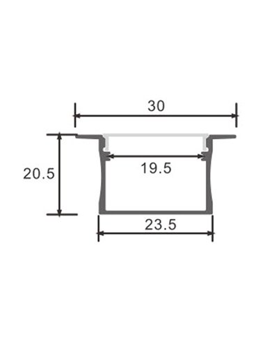 Perfil empotrable de aluminio VILKAD para tiras LED 2 metros con grapas, tapas y difusor, 30x20,5mm, LM3771