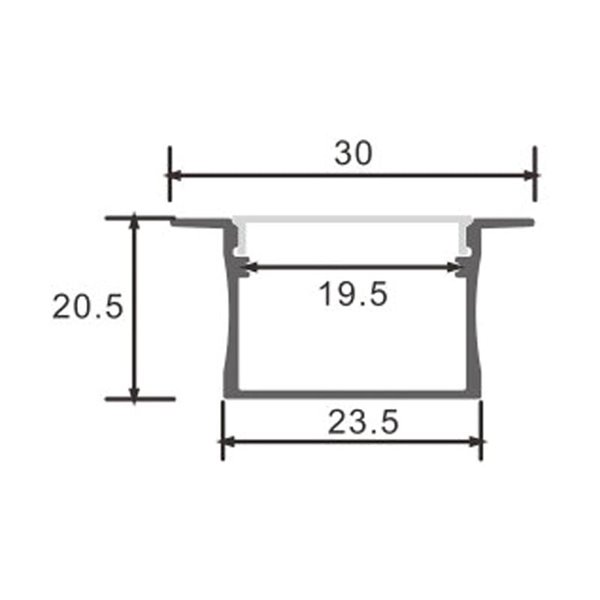 Perfil empotrable de aluminio VILKAD para tiras LED 2 metros con grapas, tapas y difusor, 30x20,5mm, LM3771