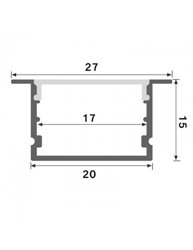 Perfil de aluminio empotrable HEV para tiras LED 2 metros (con grapas, con tapas, con difusor, 27x15mm), LM3763