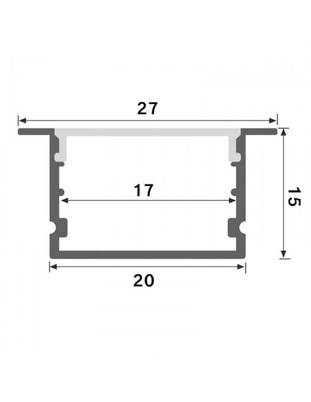 Perfil de aluminio empotrable HEV para tiras LED 2 metros (con grapas, con tapas, con difusor, 27x15mm), LM3763
