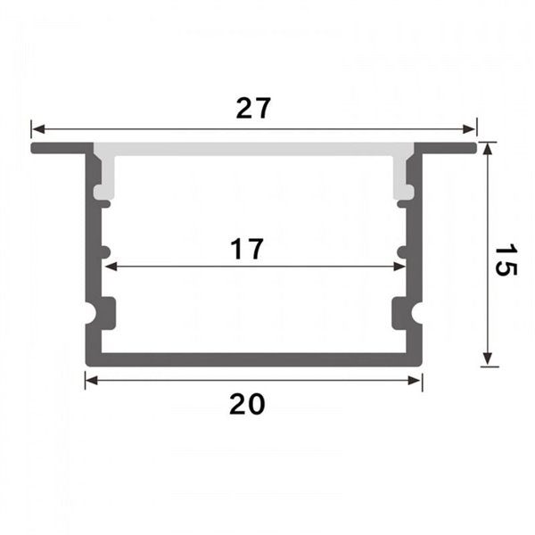 Perfil de aluminio empotrable HEV para tiras LED 2 metros (con grapas, con tapas, con difusor, 27x15mm), LM3763