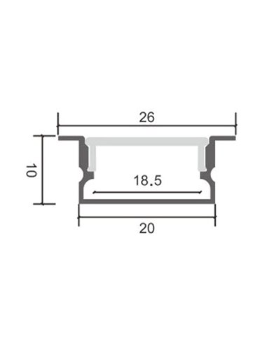 Perfil empotrable de aluminio HIEG para tiras LED 2 metros, con grapas, tapas y difusor, 26x10mm, LM3755