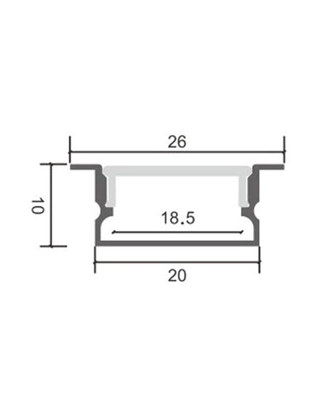 Perfil empotrable de aluminio HIEG para tiras LED 2 metros, con grapas, tapas y difusor, 26x10mm, LM3755