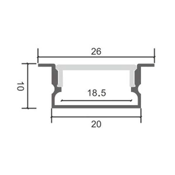 Perfil empotrable de aluminio HIEG para tiras LED 2 metros, con grapas, tapas y difusor, 26x10mm, LM3755