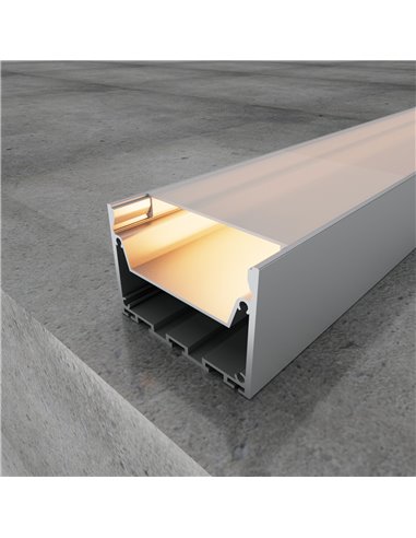 Perfil de aluminio colgante con canalización ORUS 2 metros, para techo o pared con tapas y difusor 98,7x76mm (LM3370)